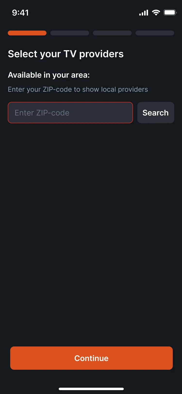 Select your TV providers with the postcode field outlined in red