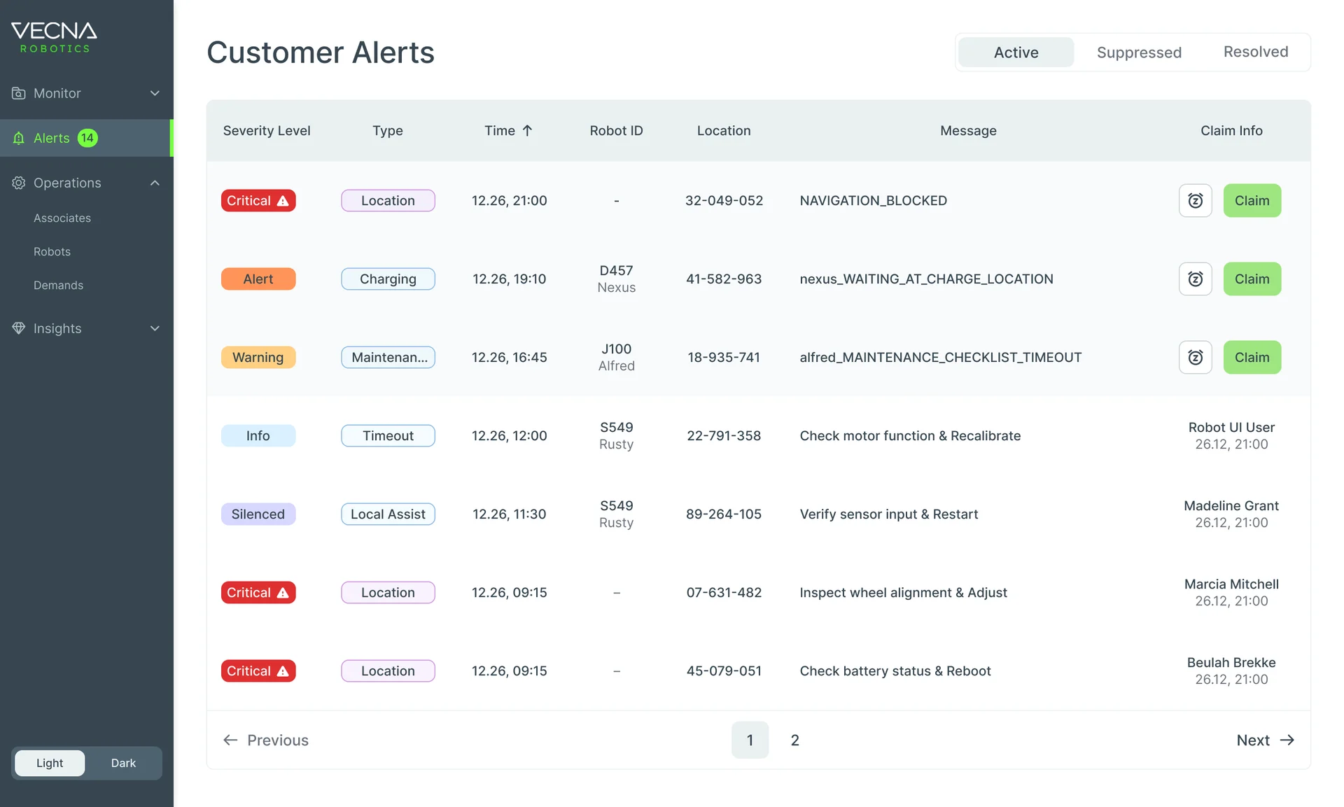 Customer Alerts at 1440 pixels: the full side menu and seven active alerts with severity, type, time, robot, location, message and claim buttons or the name of whoever claimed them