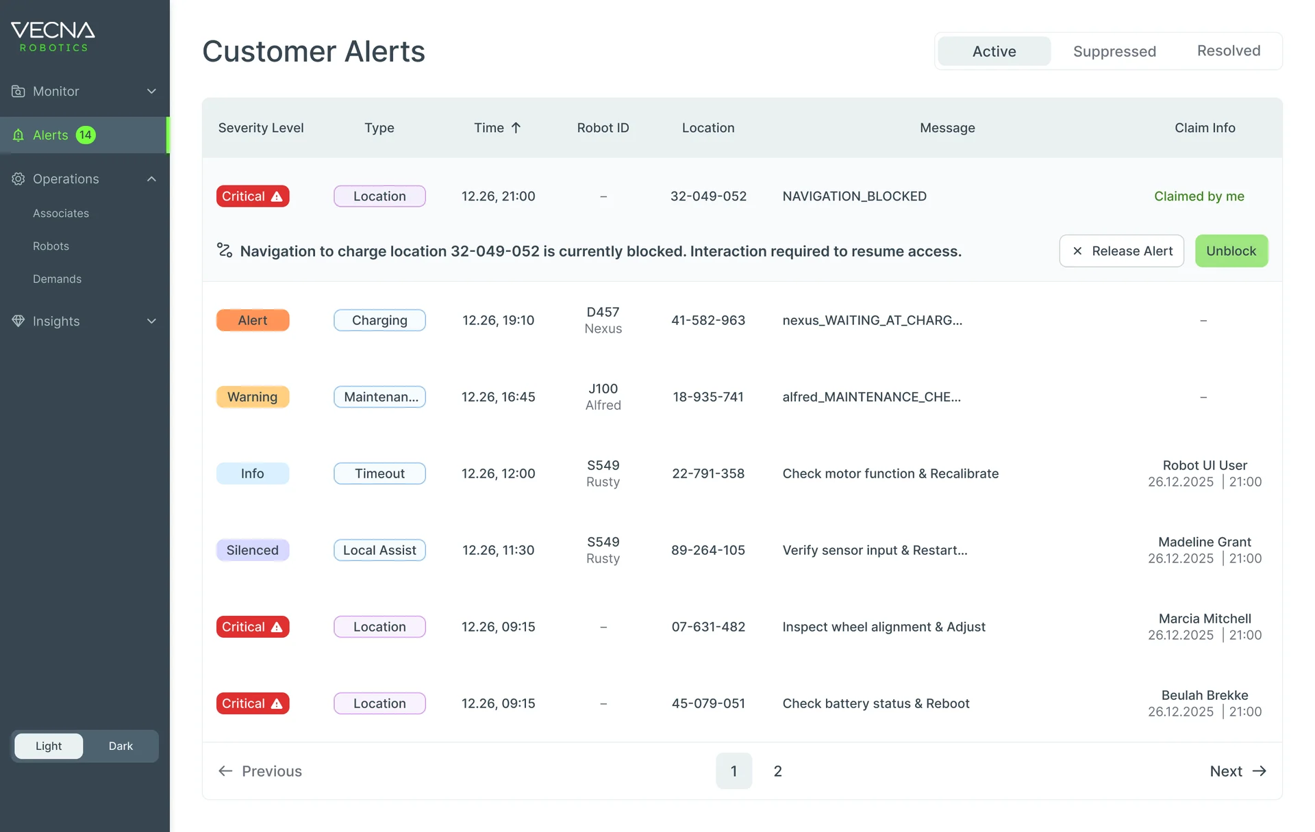 Customer Alerts with a claimed critical alert expanded: navigation to charge location 32-049-052 is blocked, interaction required, with Release Alert and Unblock