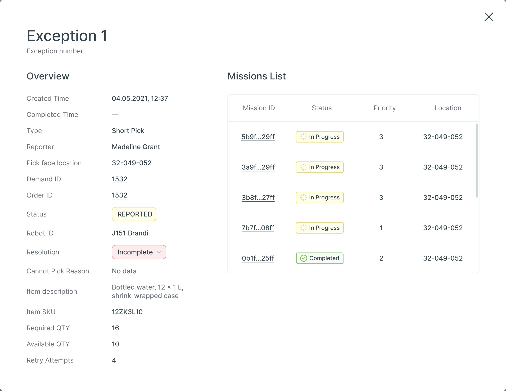 Console exception details: created time, type Short Pick, reporter, pick face location, demand and order IDs, status Reported, robot J151 Brandi, resolution Incomplete, item description, SKU, required and available quantity and retry attempts, beside the missions list