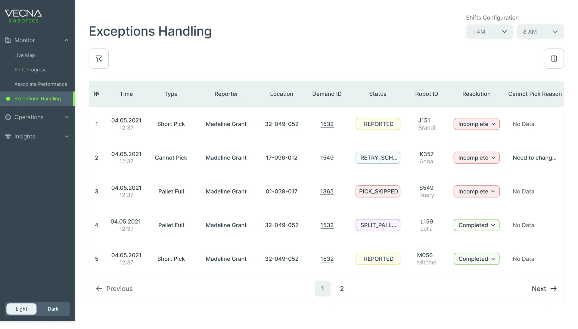 Exceptions Handling in the light theme: exceptions with time, type, reporter, location, demand, status, robot, resolution and cannot-pick reason