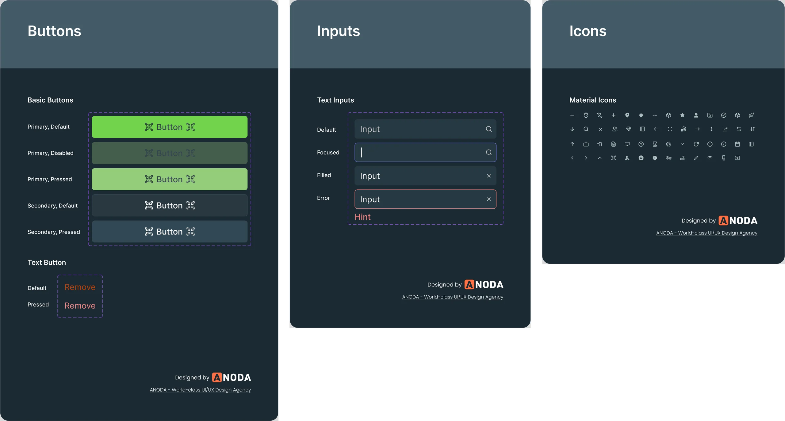 Three WS50 UI kit pages on dark: buttons in default, disabled and pressed states, inputs and their states, and the icon set