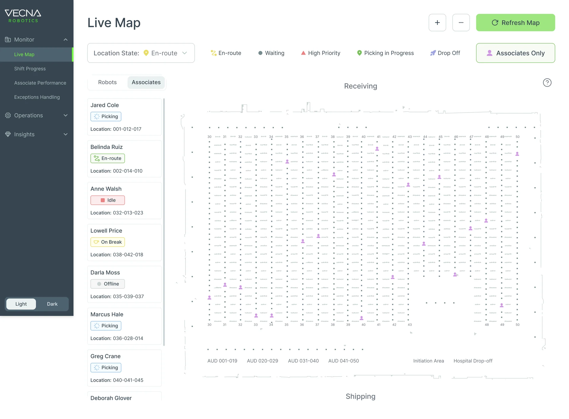 Console Live Map with the Associates tab: associates listed with picking, en-route, idle, on-break and offline statuses and their locations, beside the warehouse map from receiving to shipping