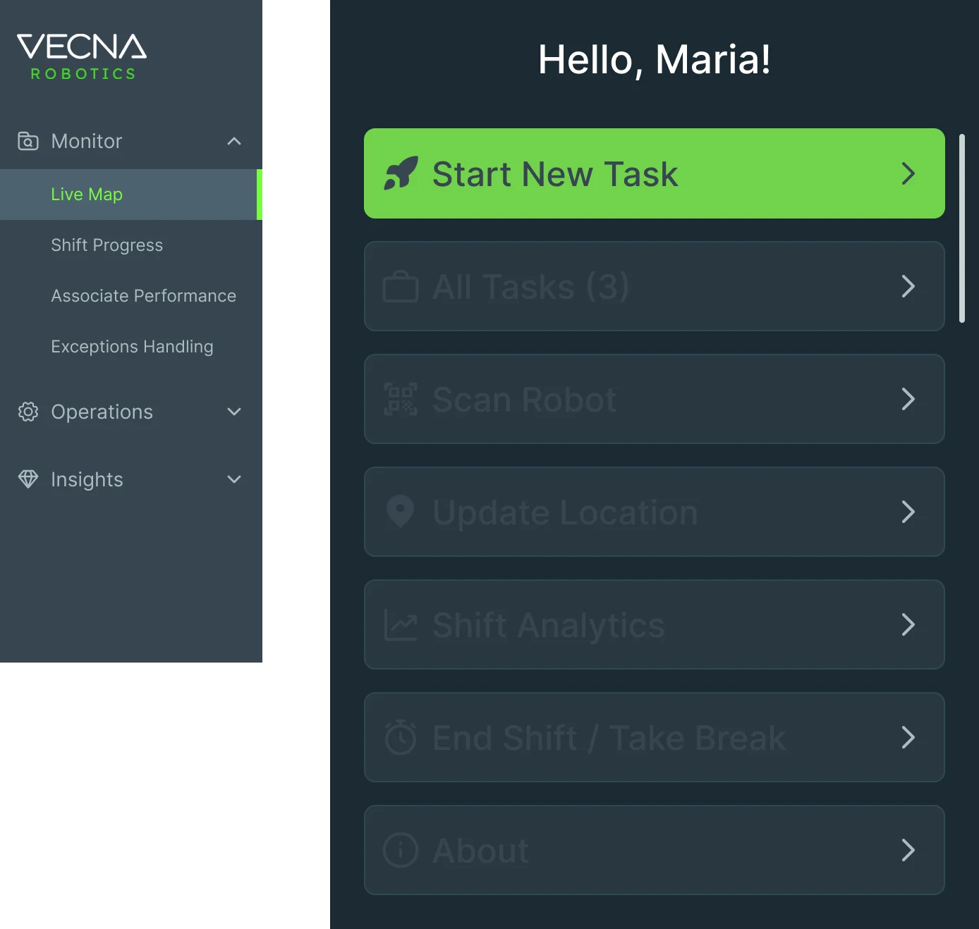 The Console’s side menu with Monitor open (Live Map, Shift Progress, Associate Performance, Exceptions Handling), Operations and Insights, beside the WS50 home: Start New Task, All Tasks, Scan Robot, Update Location, Shift Analytics, End Shift or Take Break, About