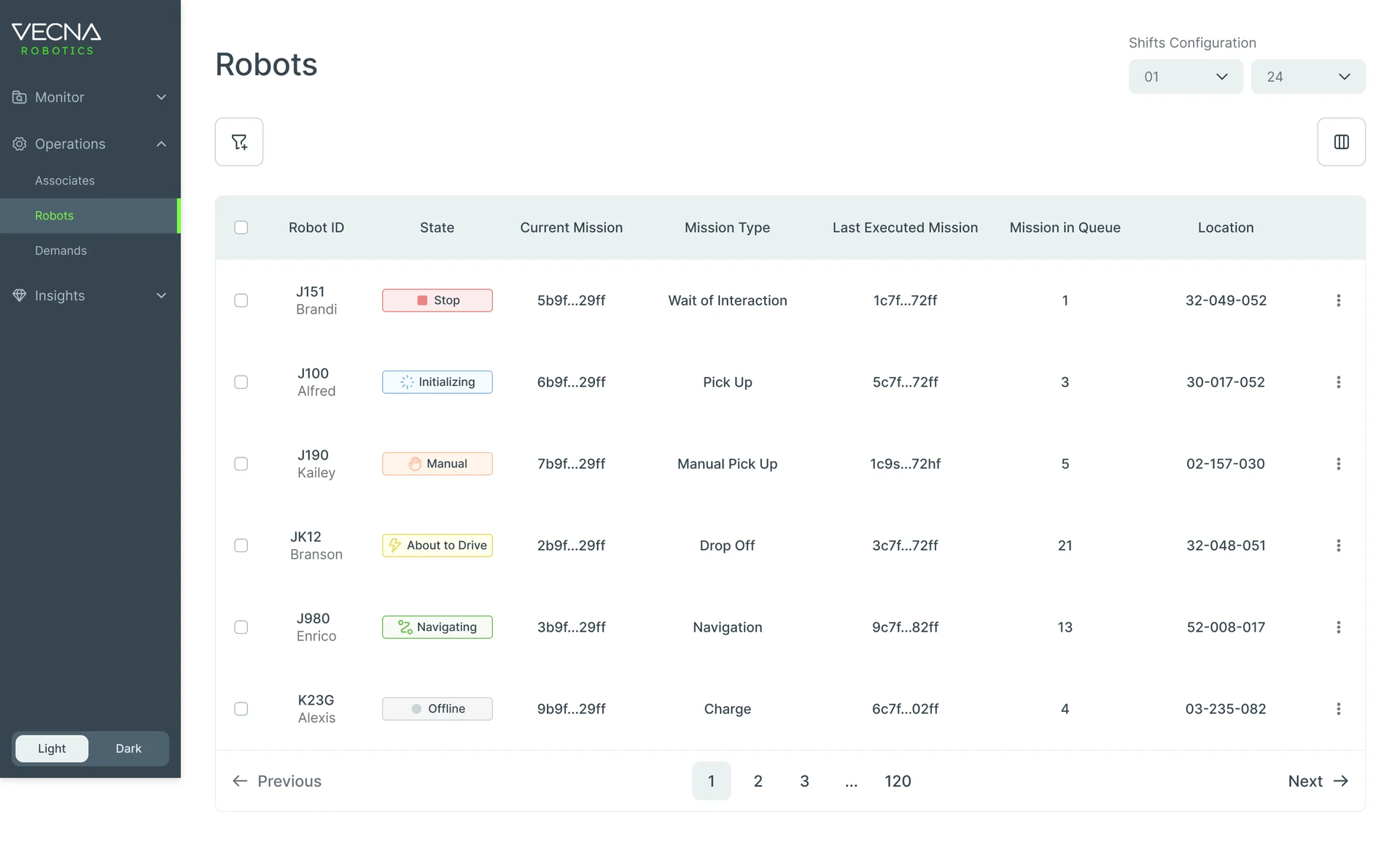 Console Robots table: robot IDs with names, state chips such as Stop, Initiation, Manual, About to Drive, Navigating and Offline, current mission, mission type, last mission, missions in queue and location