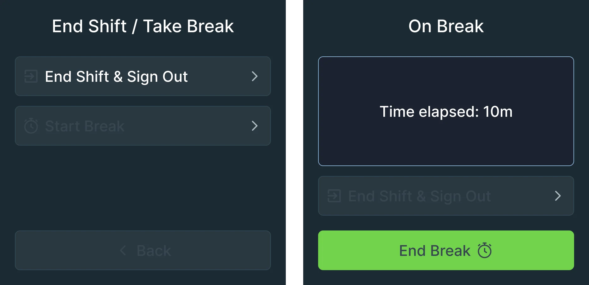 WS50 screens: End Shift or Take Break with End Shift and Sign Out and Start Break, then On Break, time elapsed 10 minutes, with End Break
