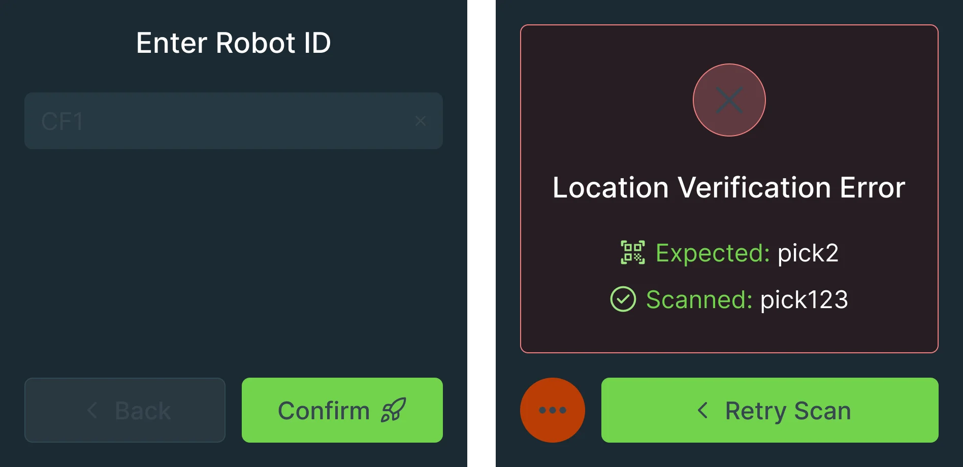 WS50 screens: Enter Robot ID with CF1 and Confirm, then Location Verification Error, expected pick2, scanned pick123, with Retry Scan