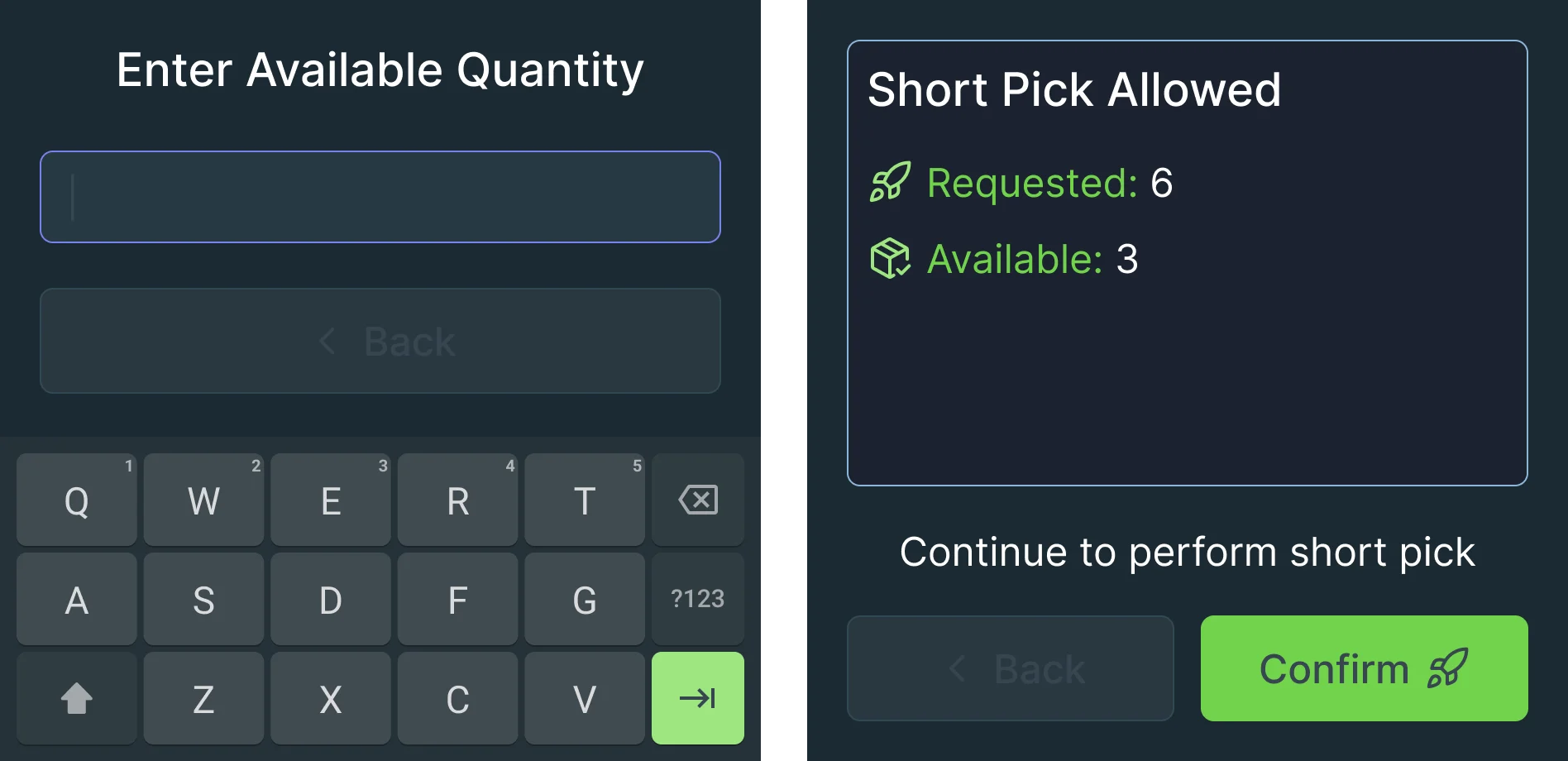 WS50 screens: Enter Available Quantity with the on-screen keyboard, then Short Pick Allowed, requested 6, available 3, continue to perform short pick