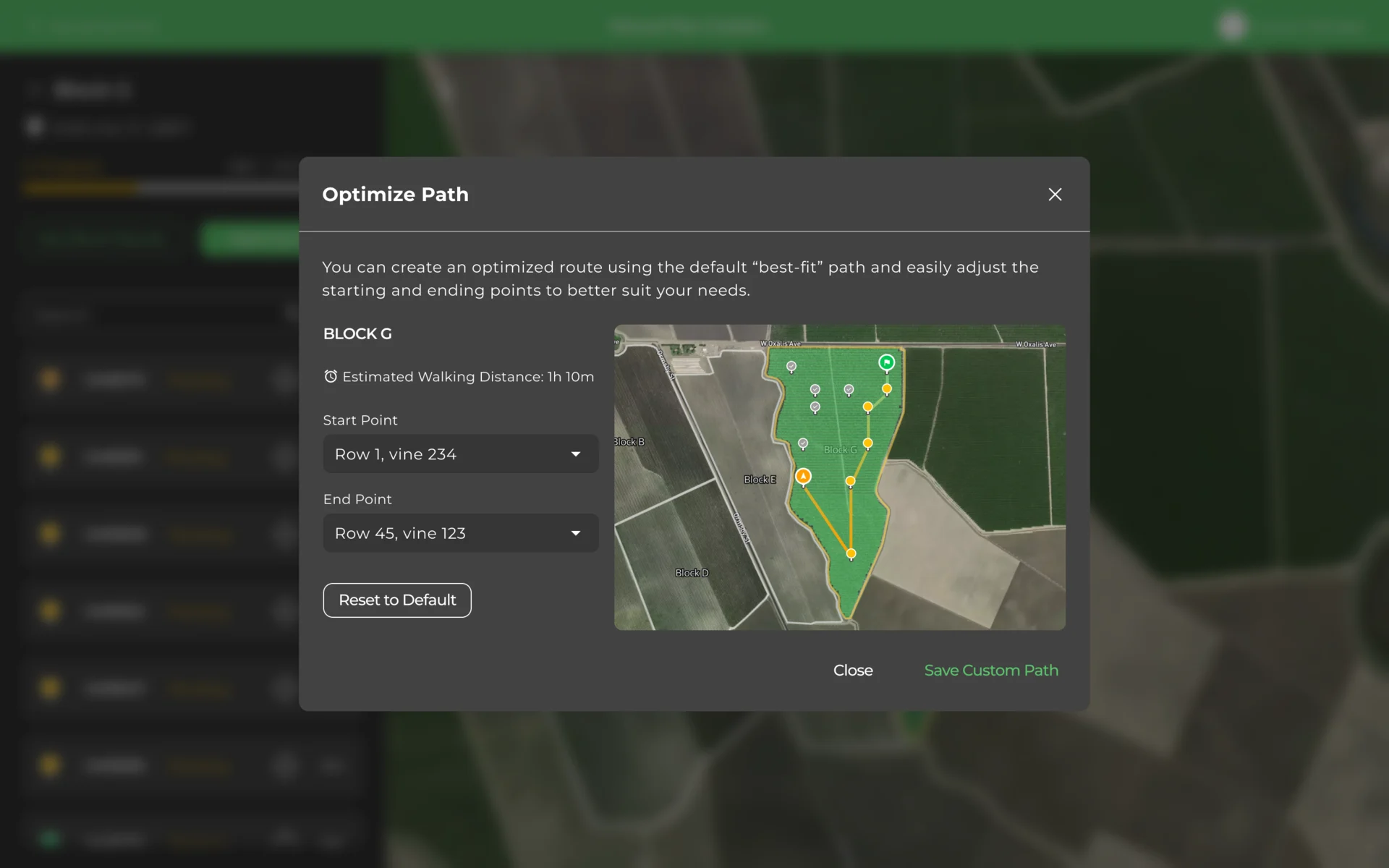Optimize Your Path pop-up for Block G: estimated walking time, start and end points with a changed start, Reset to Default and Save Custom Path, over the block map