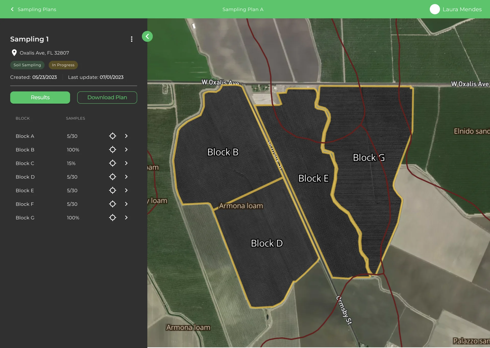 Sampling Plan A: the plan’s address, form and dates, a list of blocks with their samples, and the blocks outlined on the aerial map