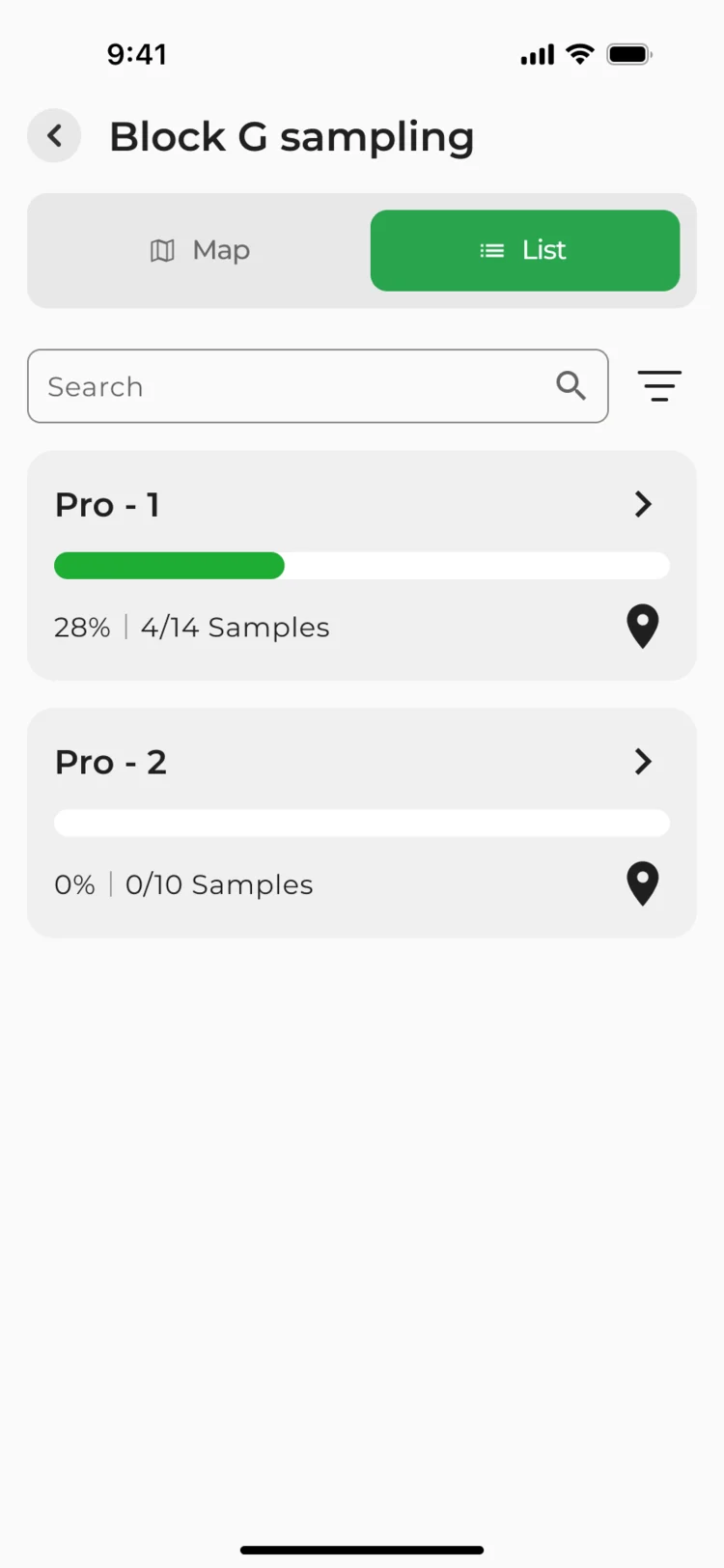 Block G sampling list: Pro-1 at 28% with 4 of 14 samples, Pro-2 at 0 of 10