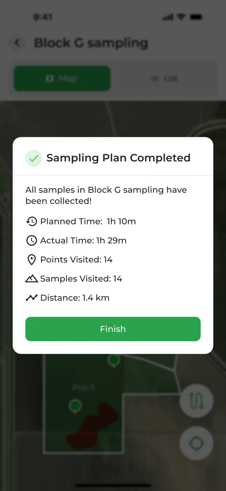Sampling Plan Completed pop-up for Block G sampling: planned time 1 h 10 min, actual 1 h 29 min, points and samples visited, distance 1.4 km
