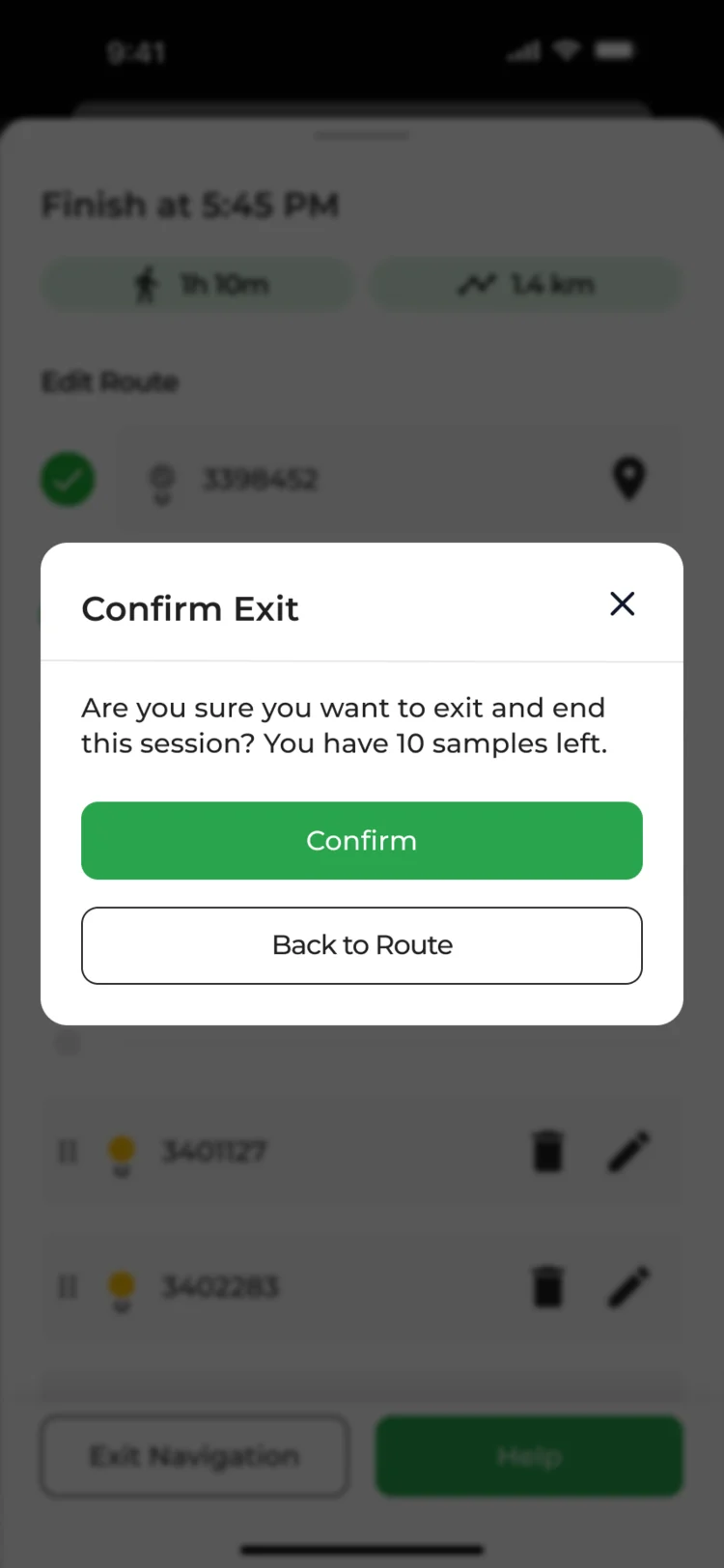 Confirm Exit pop-up over the route list: 10 samples left, Confirm and Back to Route