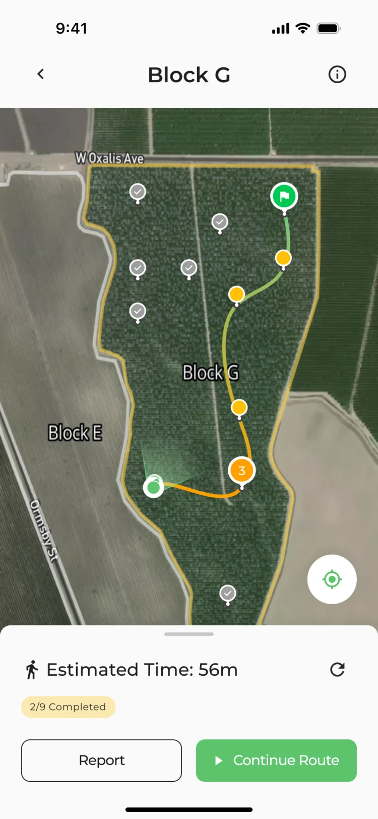 Paused route in Block G: estimated time 56 min, 2 of 9 completed, Report and Continue Route