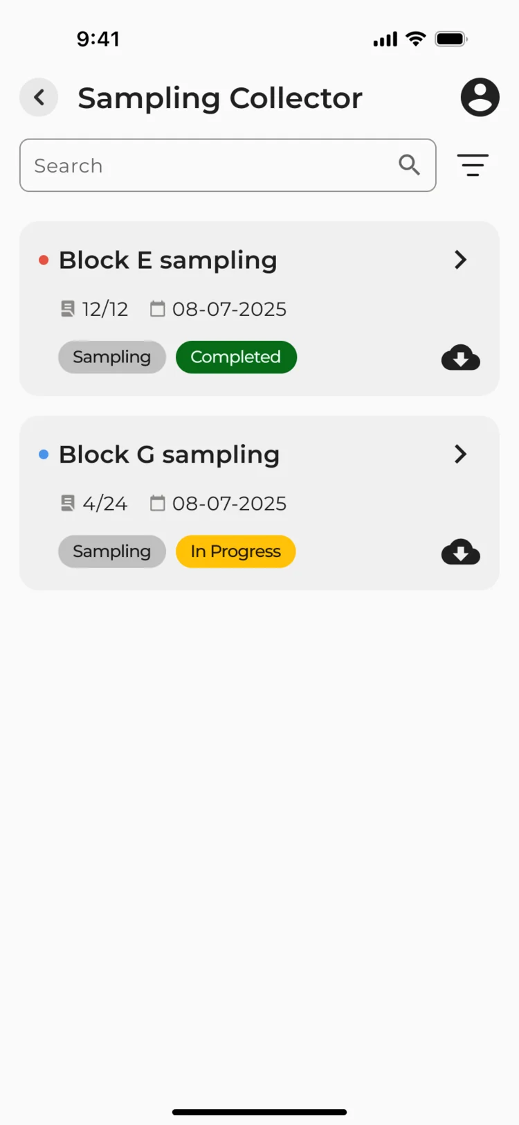 Sampling Collector: Block E sampling completed with 12 of 12, Block G sampling in progress with 4 of 24