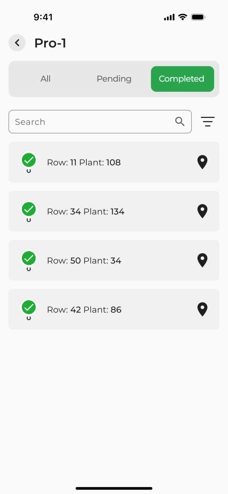 Points in Pro-1, Completed: Rows 11, 34, 50 and 42, each ticked