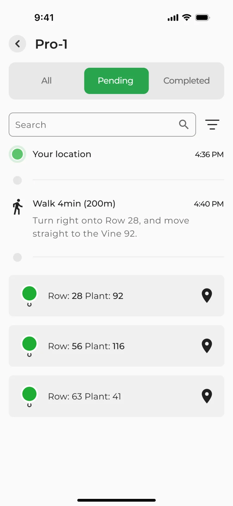Points in Pro-1, Pending: the walk to Row 28, Plant 92, then Rows 56 and 63