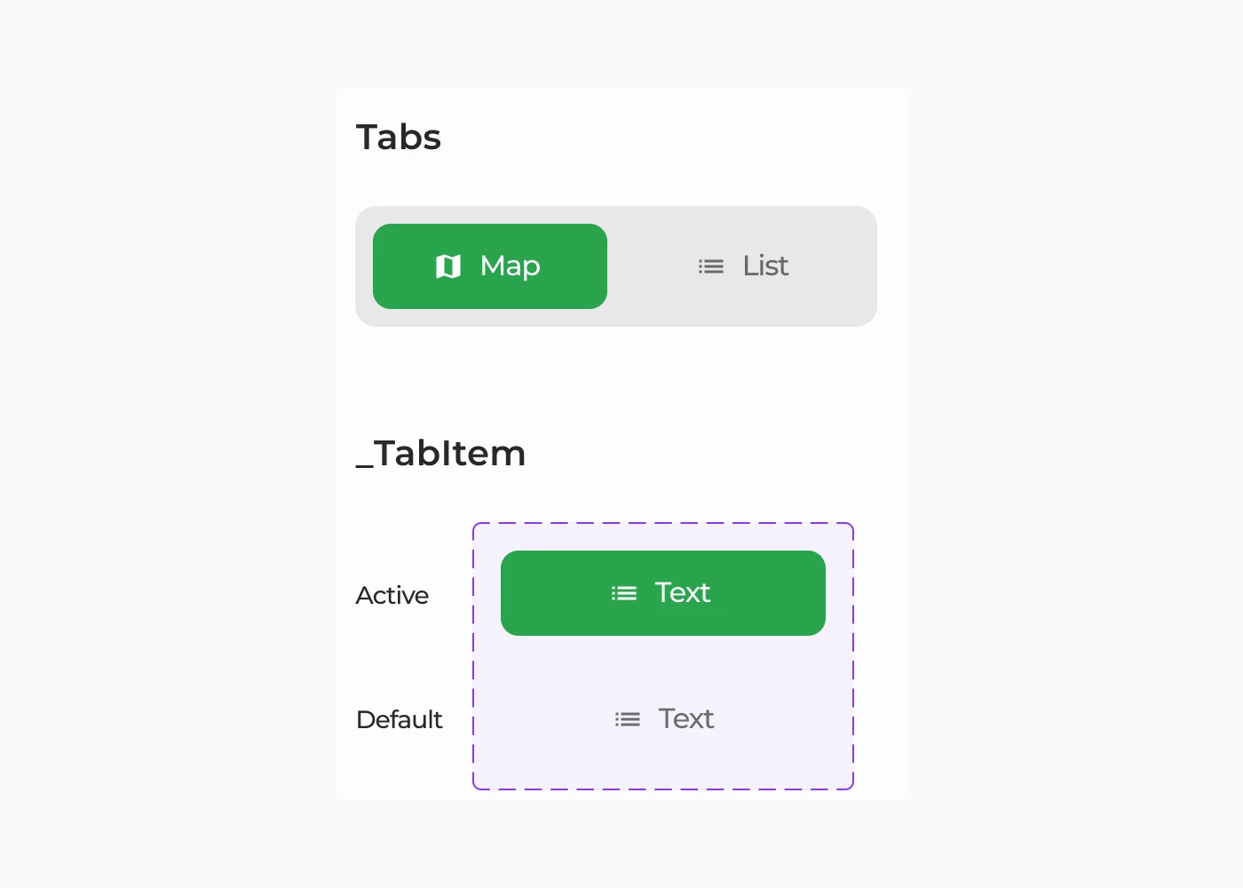 The Map and List tabs component with its active and default tab states