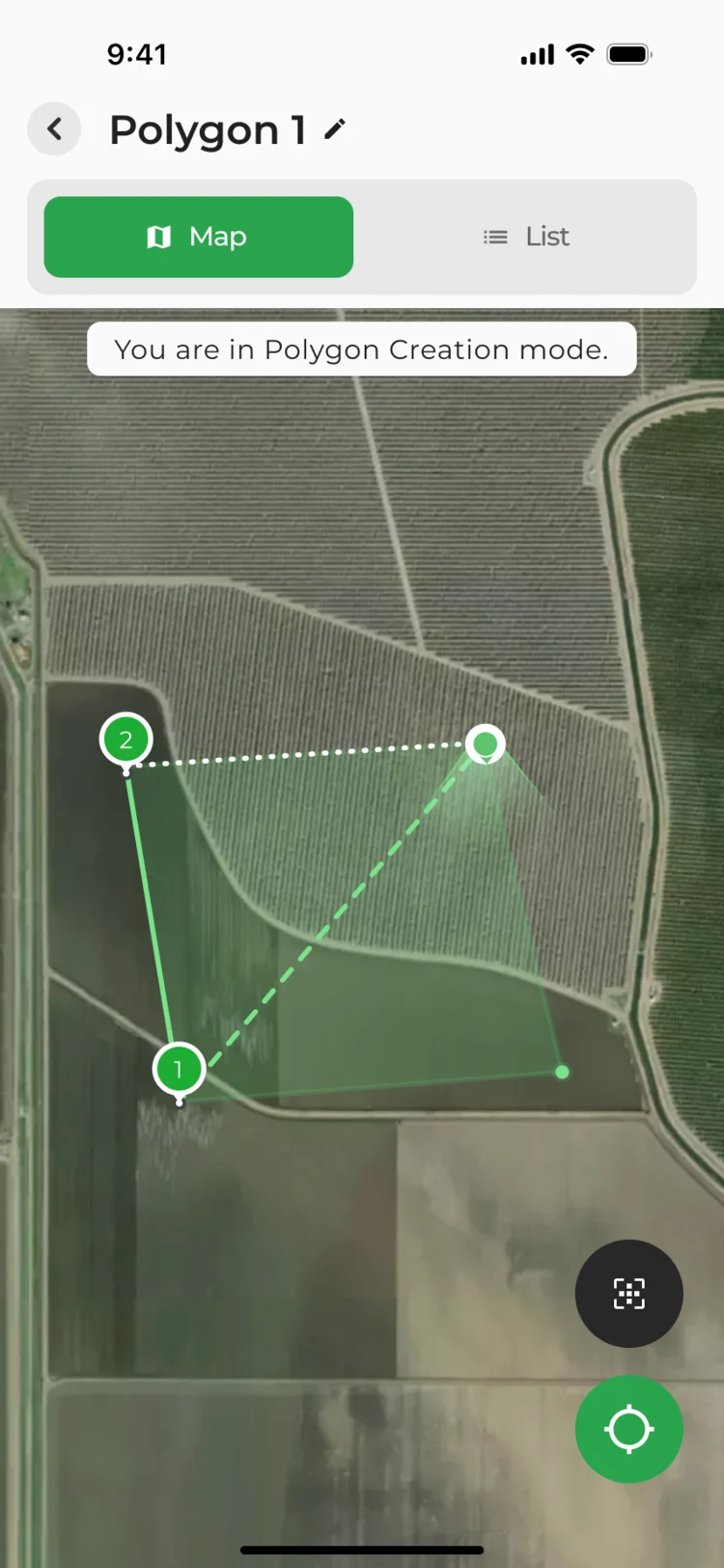 Polygon creation mode: three points on the aerial map and the shape between them