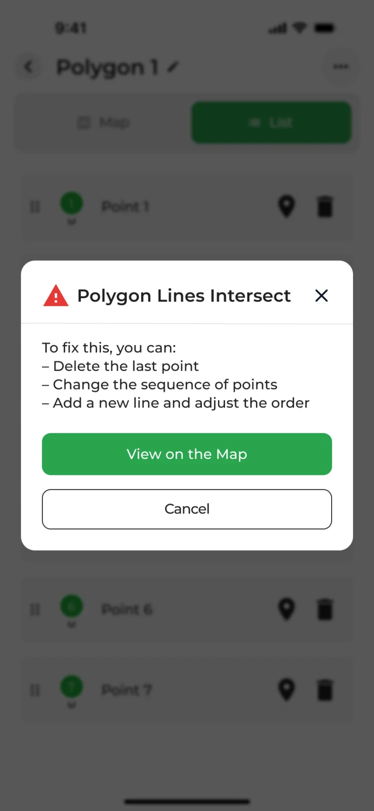 Polygon Lines Intersect pop-up over the list of points: delete the last point, change their order or add a new line, and View on the Map
