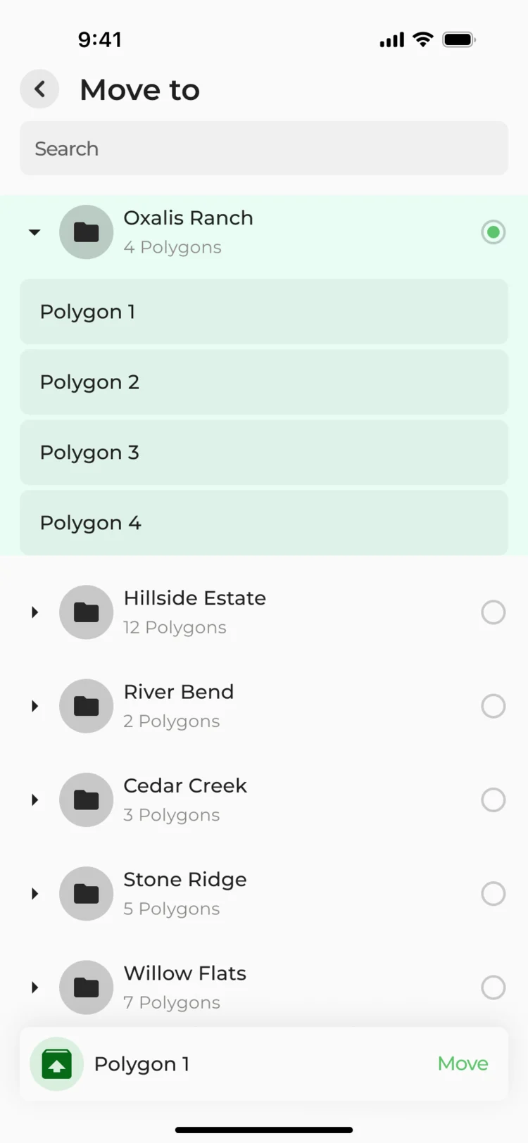 Move to: a searchable list of projects with their polygon counts, Oxalis Ranch open and selected, and a Move button