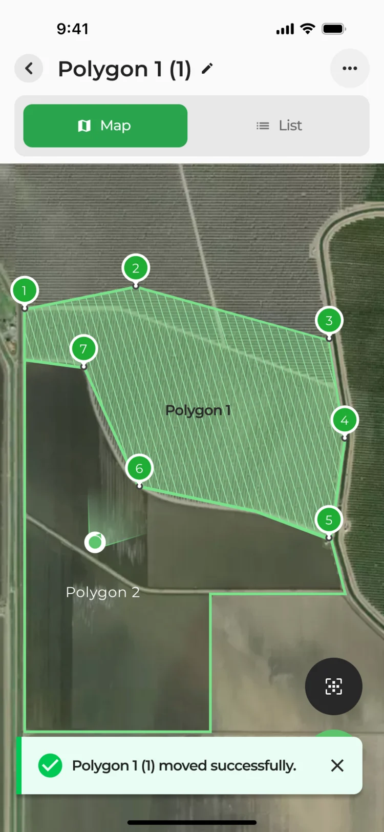 The polygon on the map after the move, with a notice that it moved successfully