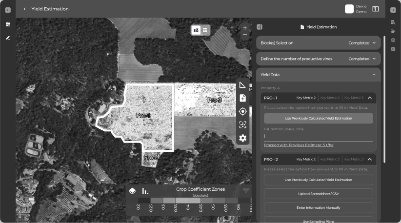 Greyscale wireframe: the Yield data step with Use Previously Calculated Yield Estimation selected for a block
