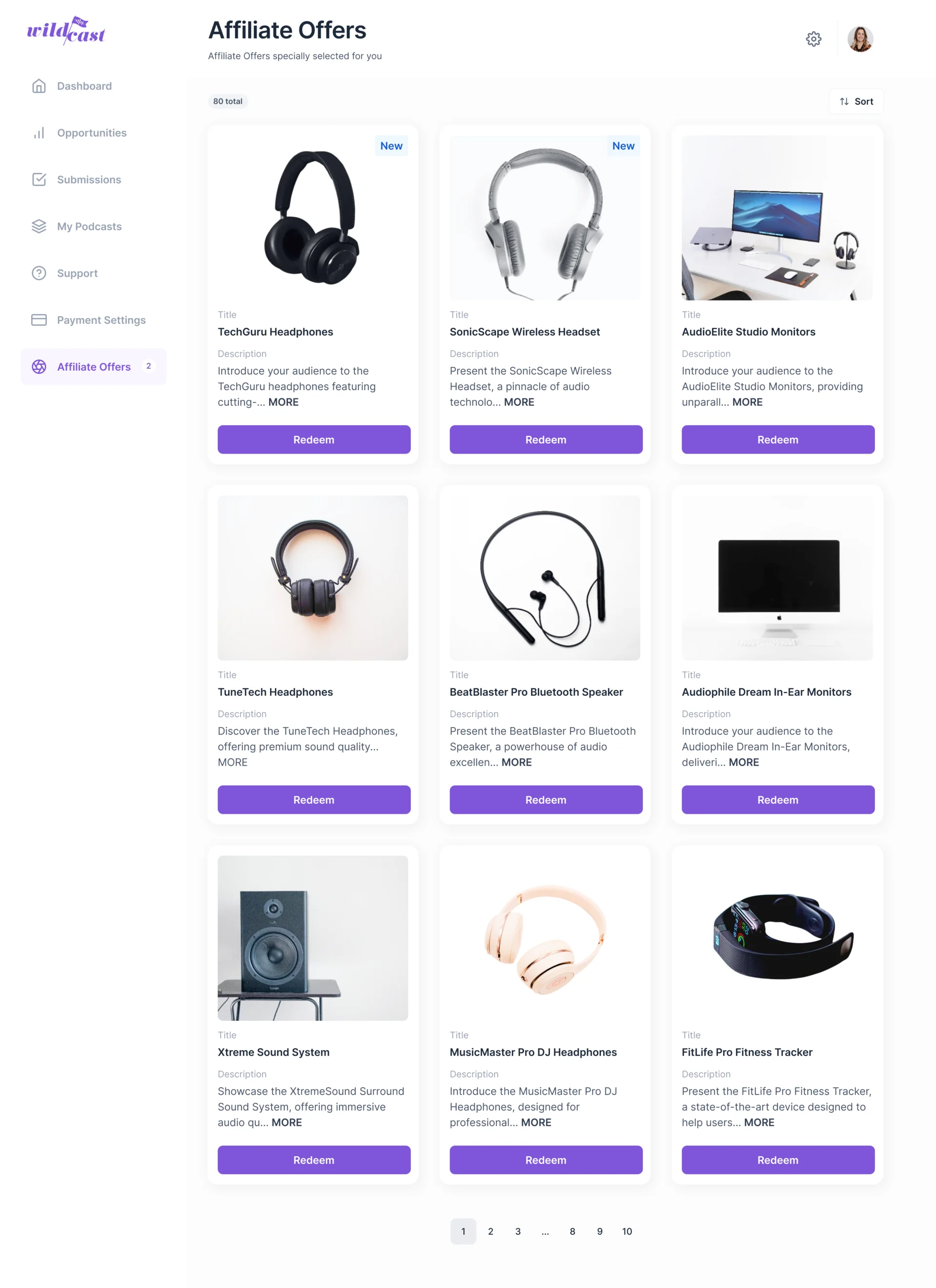 Podcaster Affiliate Offers: a grid of audio product offers, each with a title, description and Redeem button