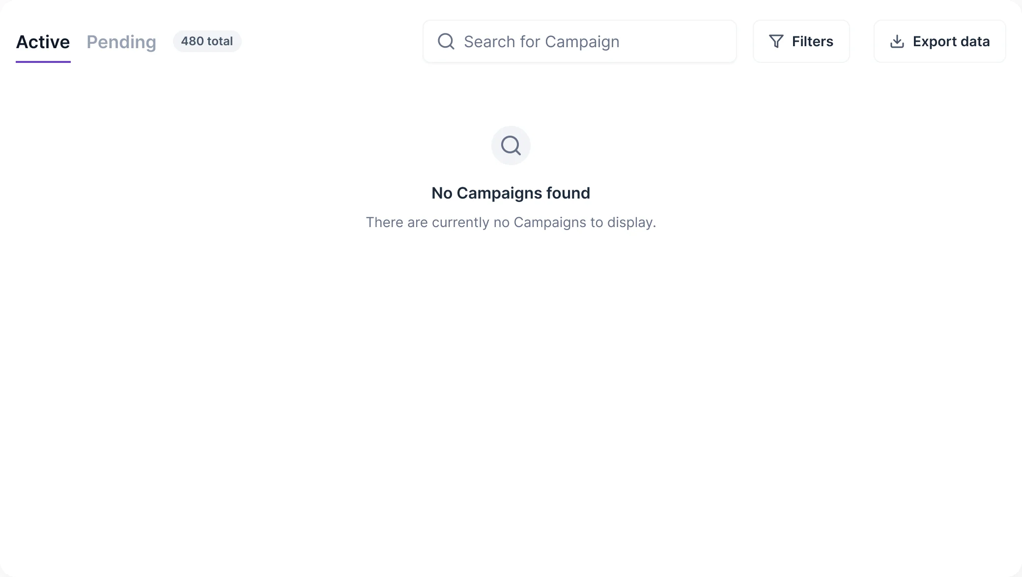 Empty active campaigns table: no campaigns found