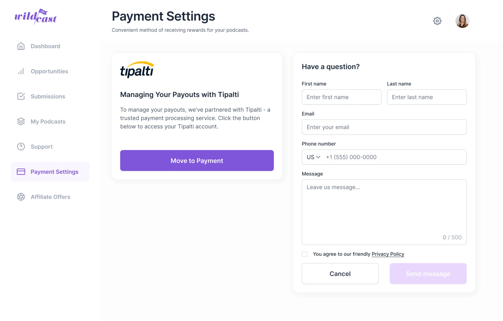 Podcaster Payment Settings: a card explaining that payouts are managed with Tipalti and a Move to Payment button, beside a Have a question form