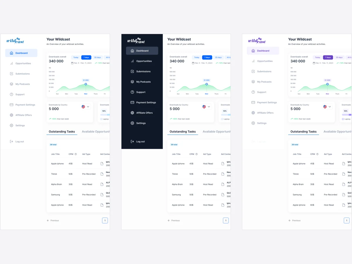 Three visual directions for the Podcaster dashboard: a light sidebar, a dark sidebar and a purple accent