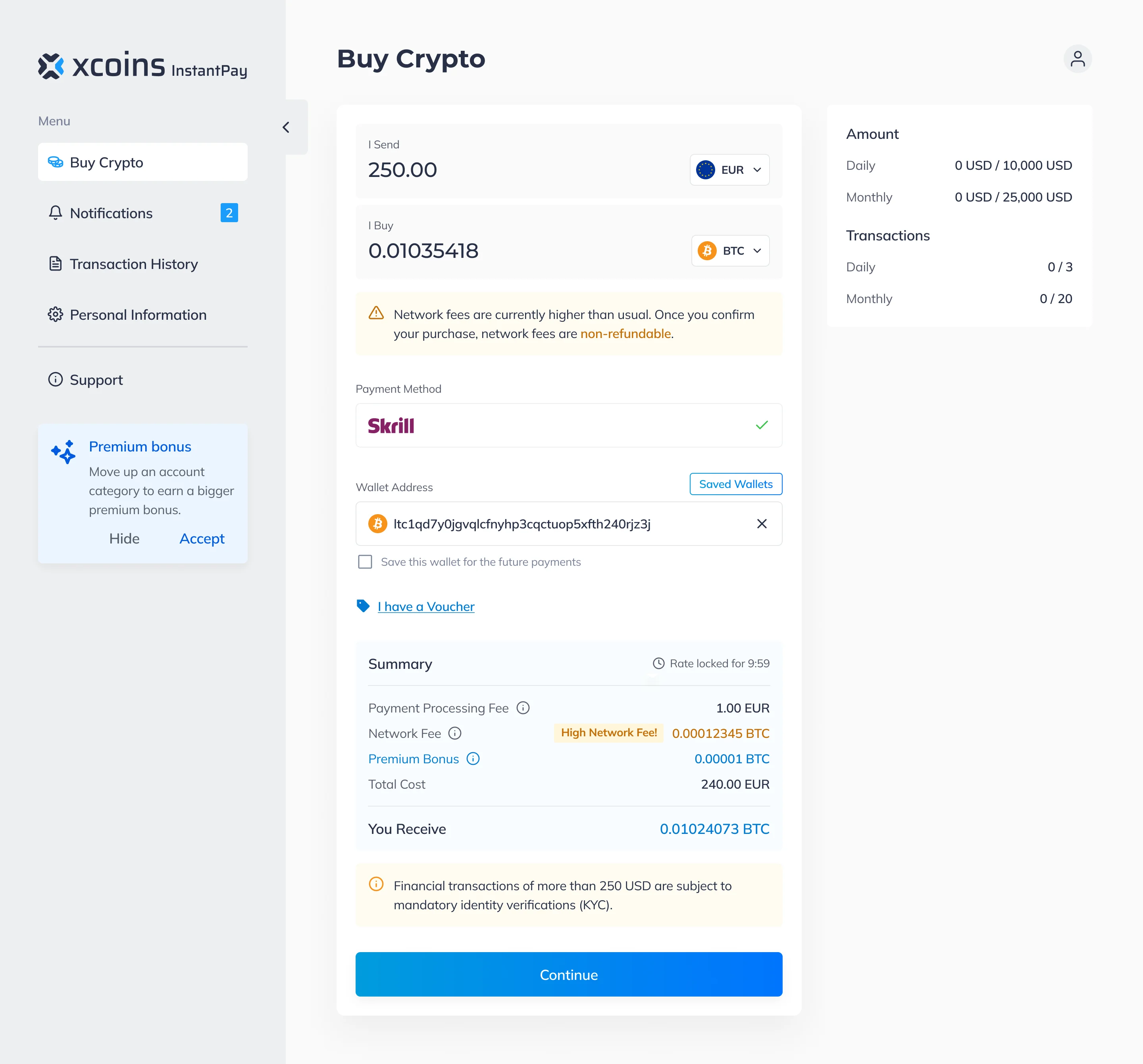 Buy screen with a yellow warning that network fees are higher than usual and are non-refundable, and a High Network Fee tag beside the network fee