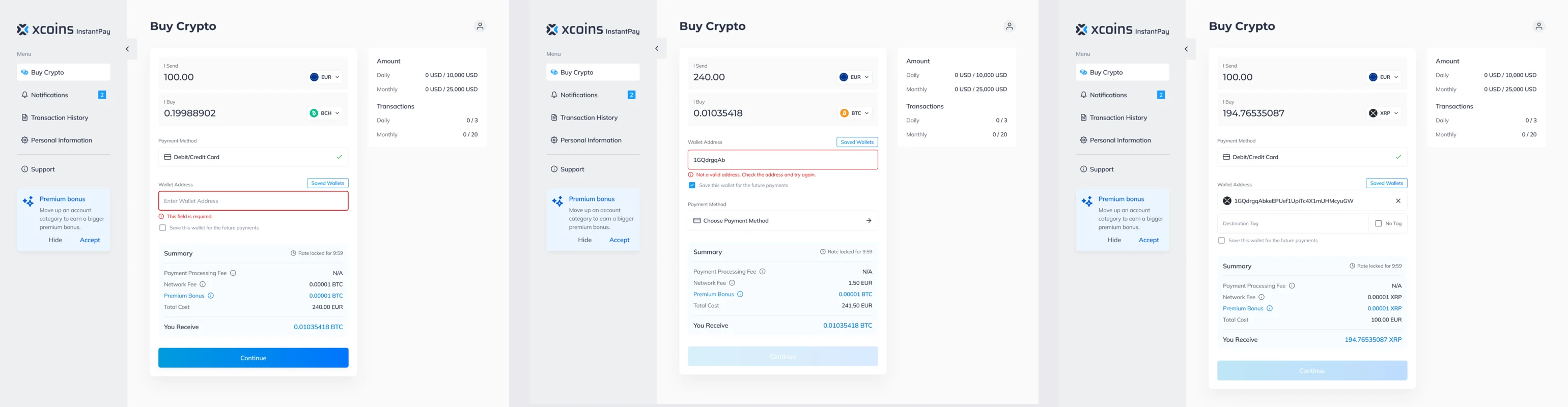 Three buy screens: an empty wallet address field marked as required, an address rejected as not valid, and an XRP purchase with a destination tag field and a No Tag checkbox