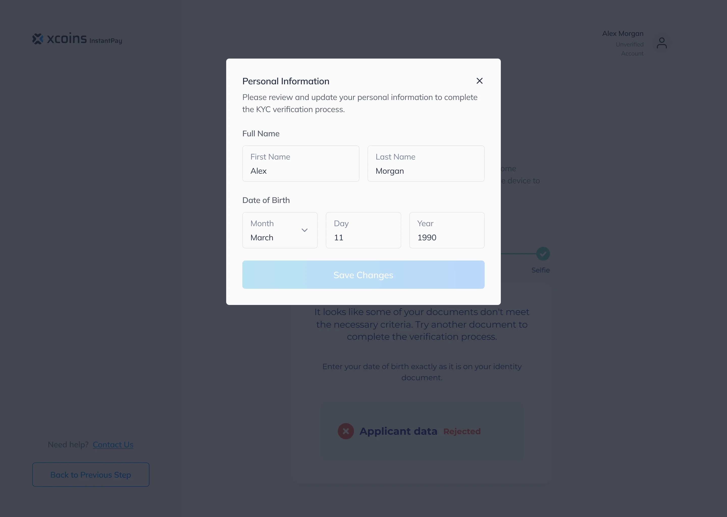 Verification screen dimmed behind a Personal Information dialog with first name, last name and date of birth fields and a Save Changes button
