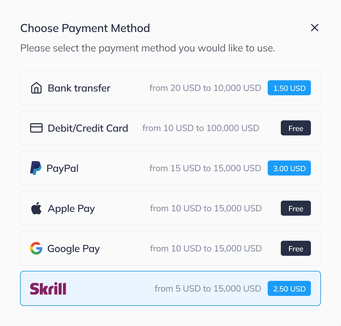 Choose Payment Method dialog with Skrill selected and outlined in blue