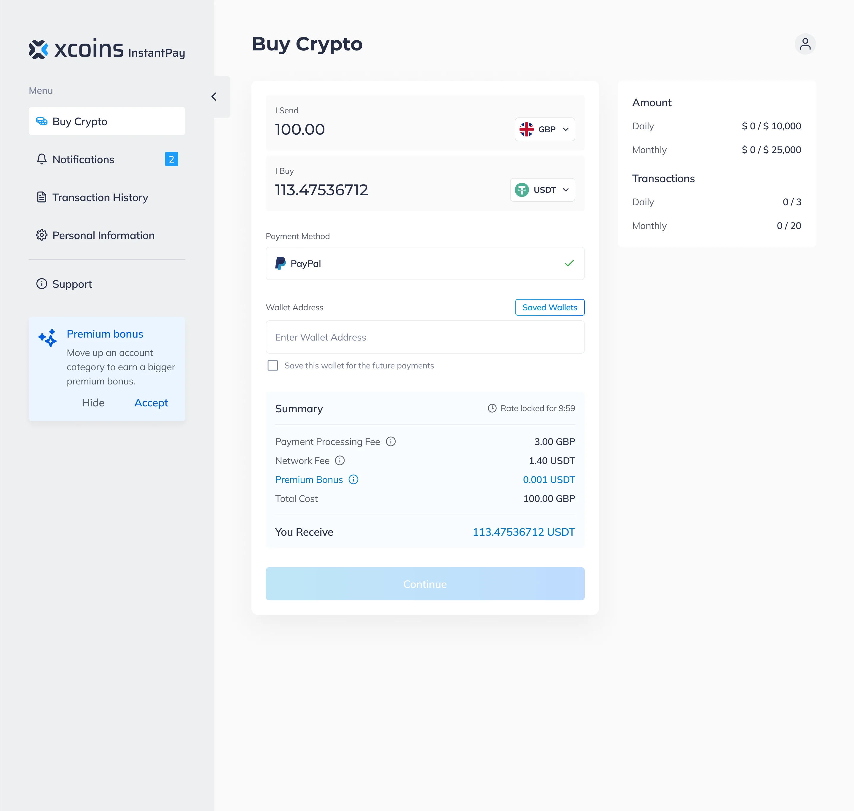 Buy screen with PayPal chosen as the payment method, a payment processing fee of 3.00 GBP and 113.47536712 USDT received