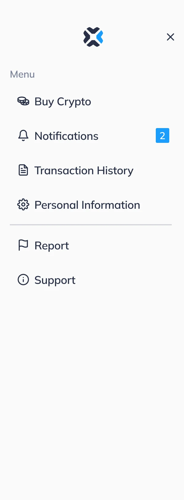 Xcoins mobile menu: Buy Crypto, Notifications, Transaction History, Personal Information, then Report and Support