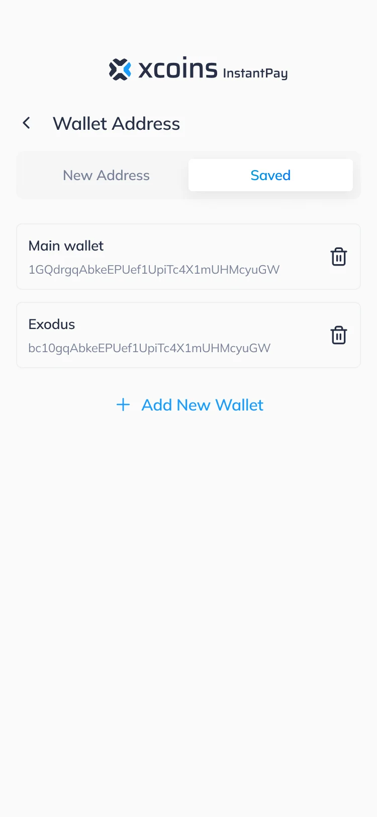 Wallet Address screen on mobile with the Saved tab open, listing Main wallet and Exodus with delete icons and an Add New Wallet link