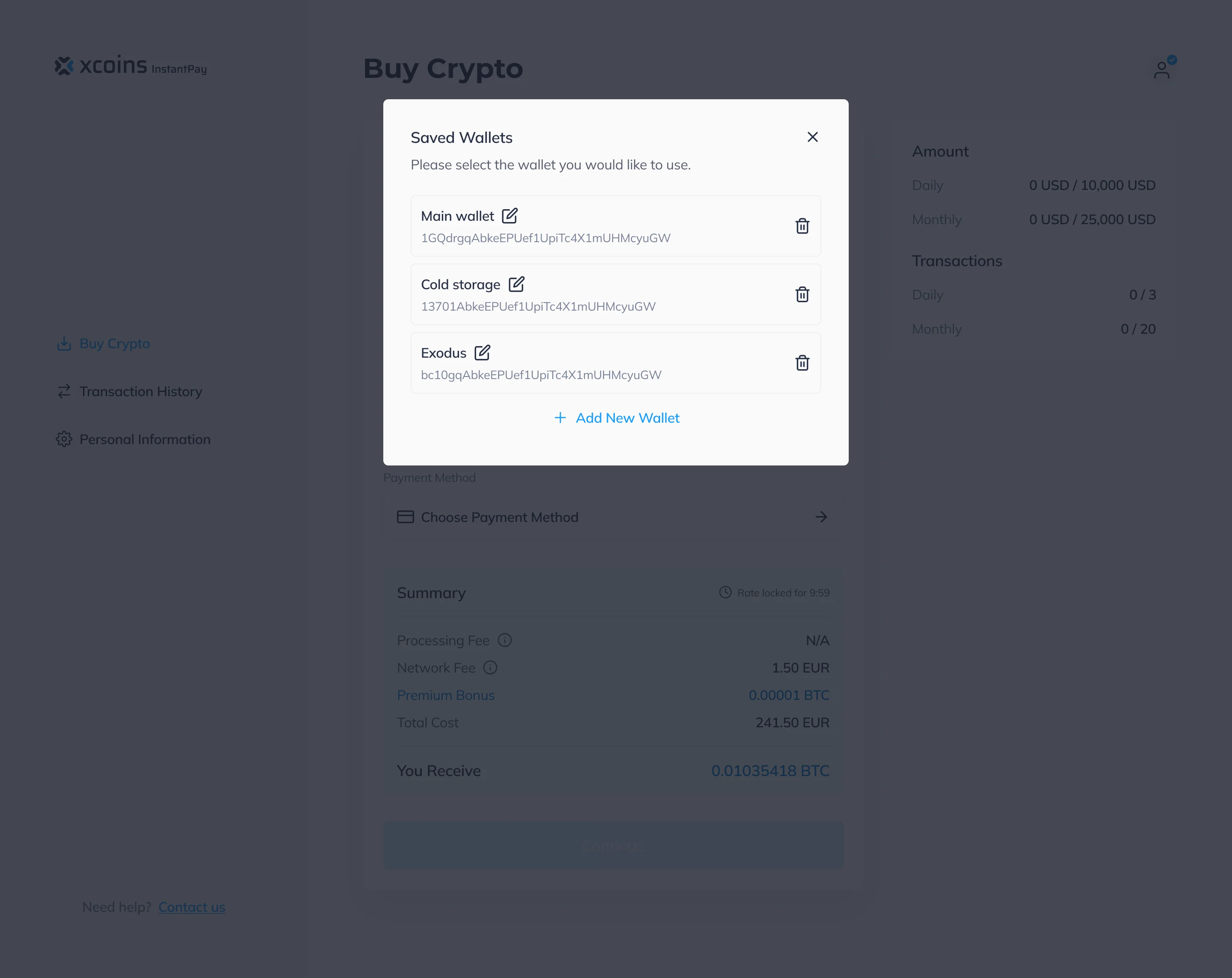 Buy screen dimmed behind a Saved Wallets dialog listing Main wallet, Cold storage and Exodus, each with an address and a delete icon, and an Add New Wallet link