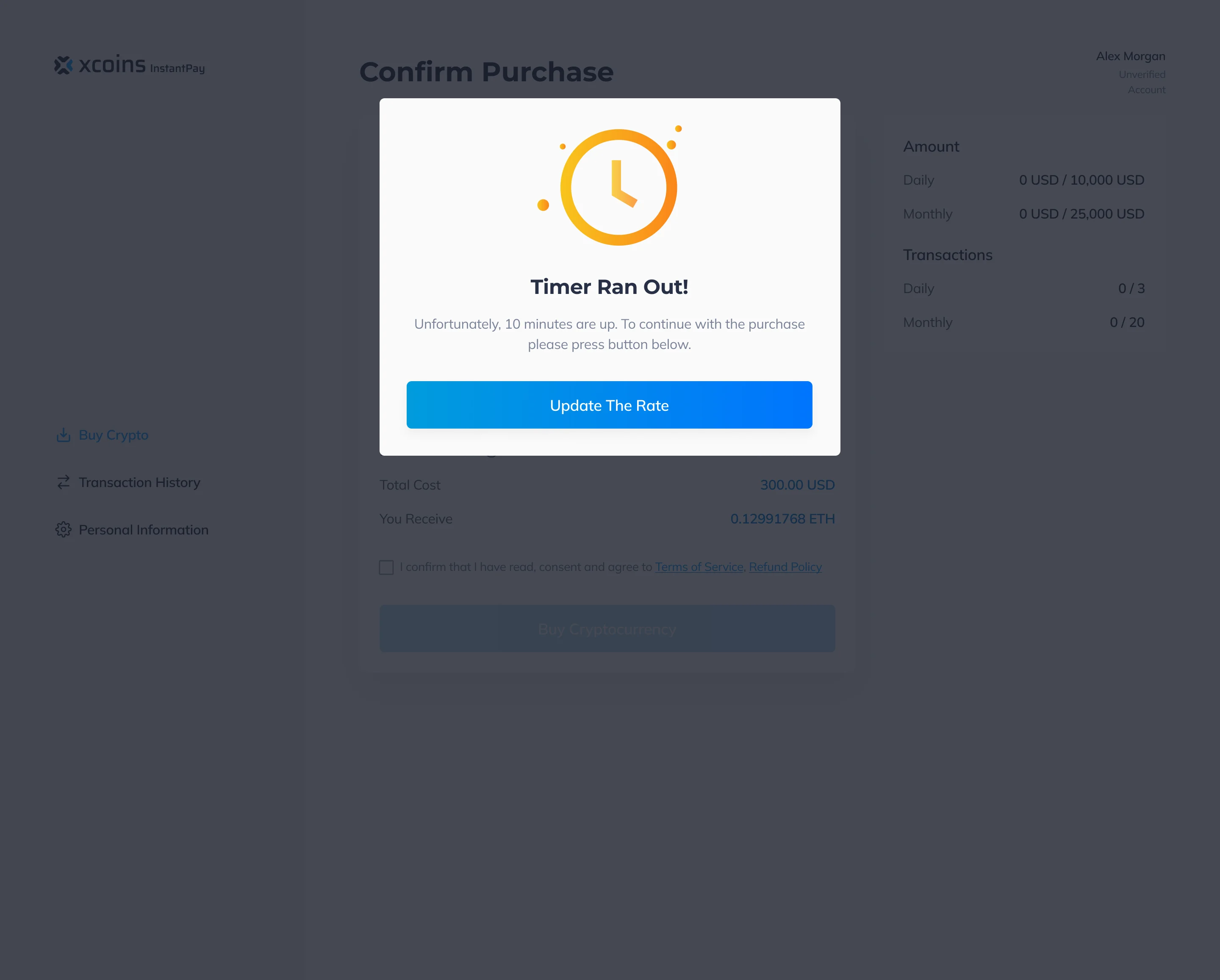 Timer Ran Out dialog over the Confirm Purchase page with an orange clock icon and an Update The Rate button