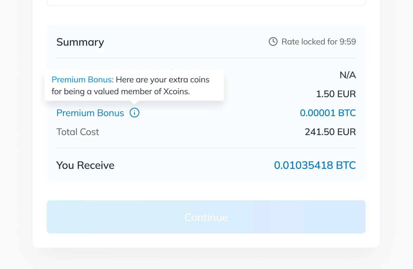 Summary block with a tooltip on the premium bonus: extra coins for being a valued member of Xcoins