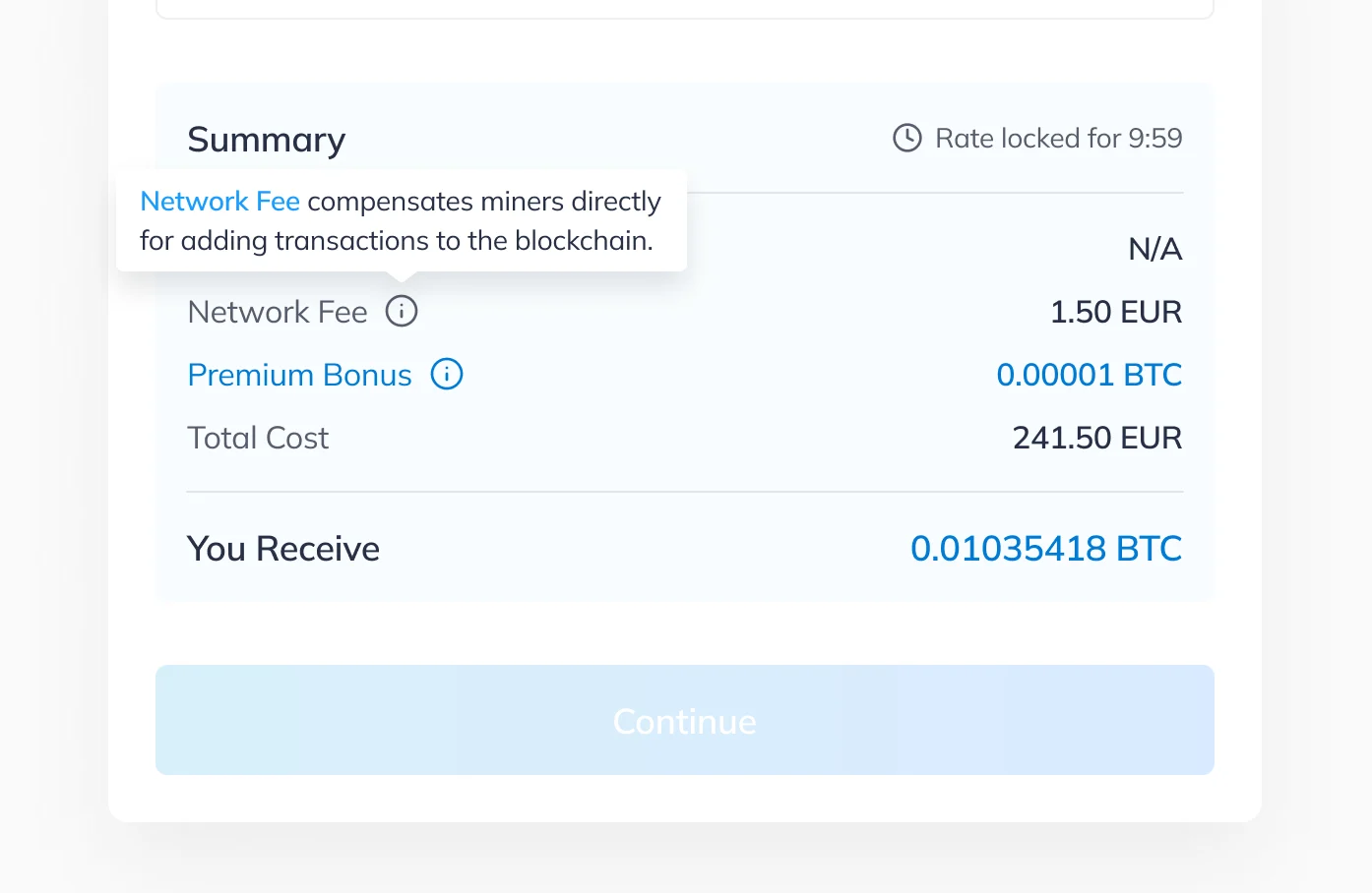 Summary block with a tooltip on the network fee: it compensates miners directly for adding transactions to the blockchain