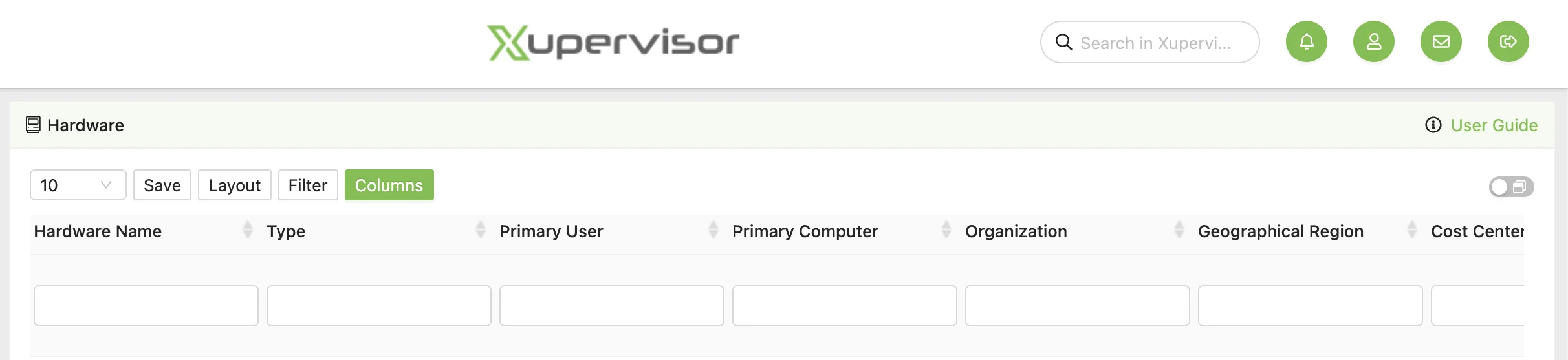 Xensam’s earlier platform: the hardware list header with a rows-per-page select, Save, Layout, Filter and Columns buttons above the column names and empty filter fields