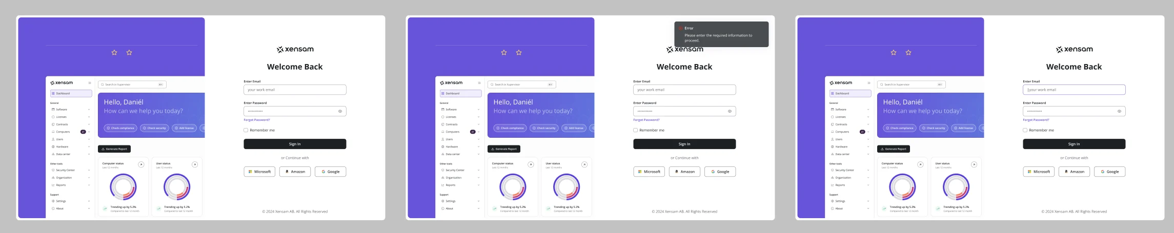 Log-in screen map fragment: Welcome Back in its default, error and focused states