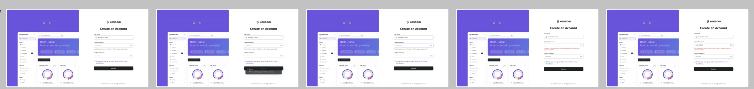 Sign-up screen map fragment: Create an Account in its default, error and filled states