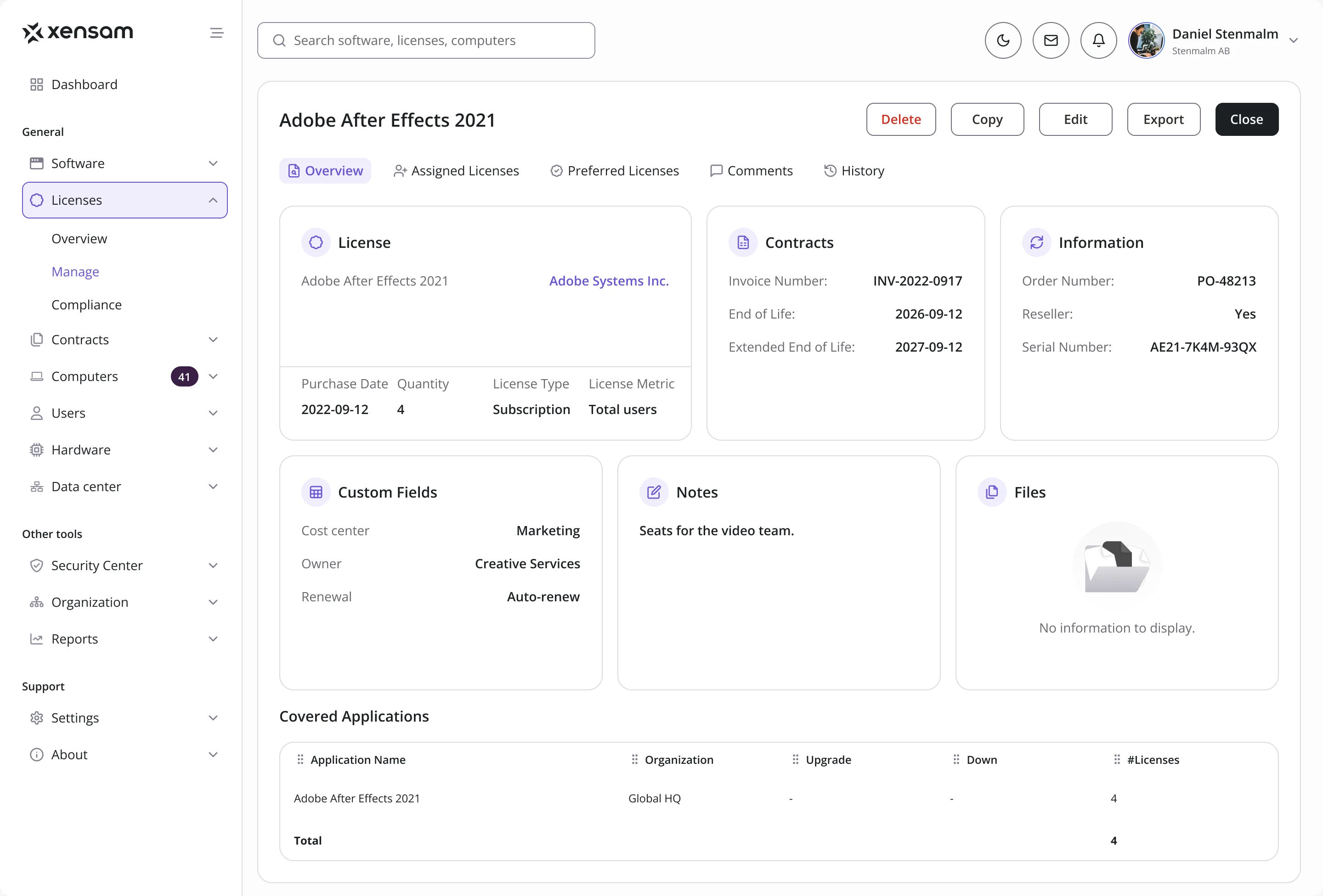 License record for Adobe After Effects 2021: license type and metric, contract with invoice number and end of life, order details, custom fields, notes, files and covered applications