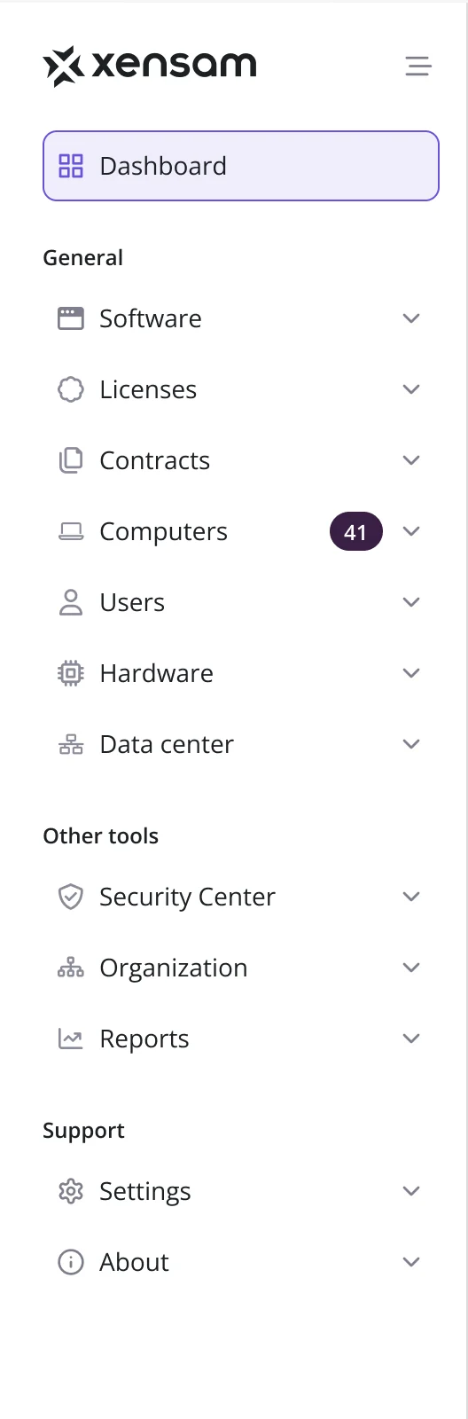 Xensam side menu: Dashboard; General with Software, Licenses, Contracts, Computers, Users, Hardware and Data center; Other tools with Security Center, Organization and Reports; Support with Settings and About