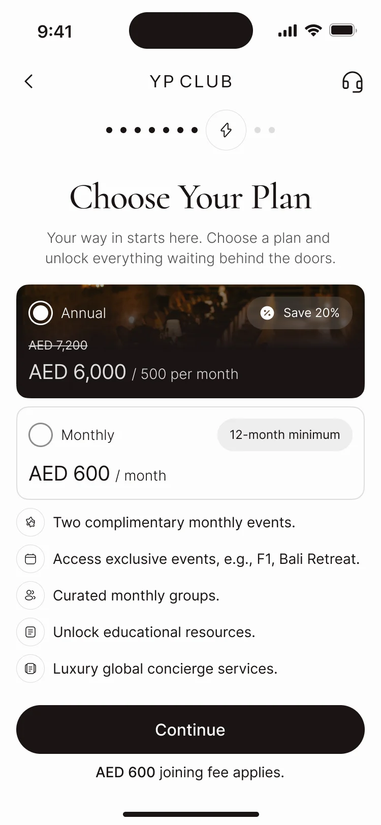 Choose Your Plan: annual or monthly membership in AED with what each includes, and the joining fee