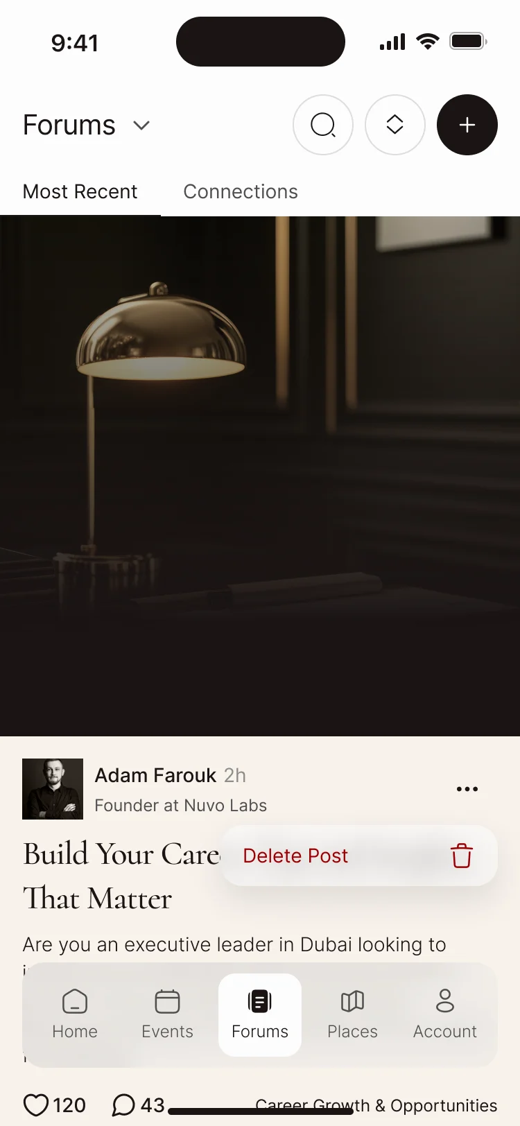 Forums: Most Recent and Connections tabs, a member’s post with its likes, comments and topic