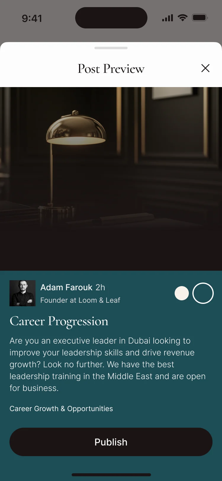 Post Preview: a forum post on career progression with its topic, and Publish